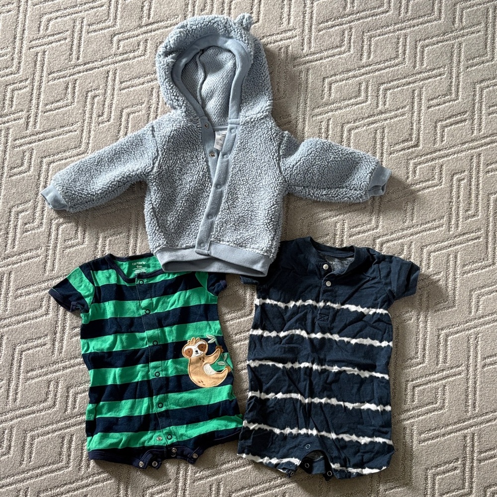 Carters Blue Sherpa Hoodie and Navy Striped Romper Sets